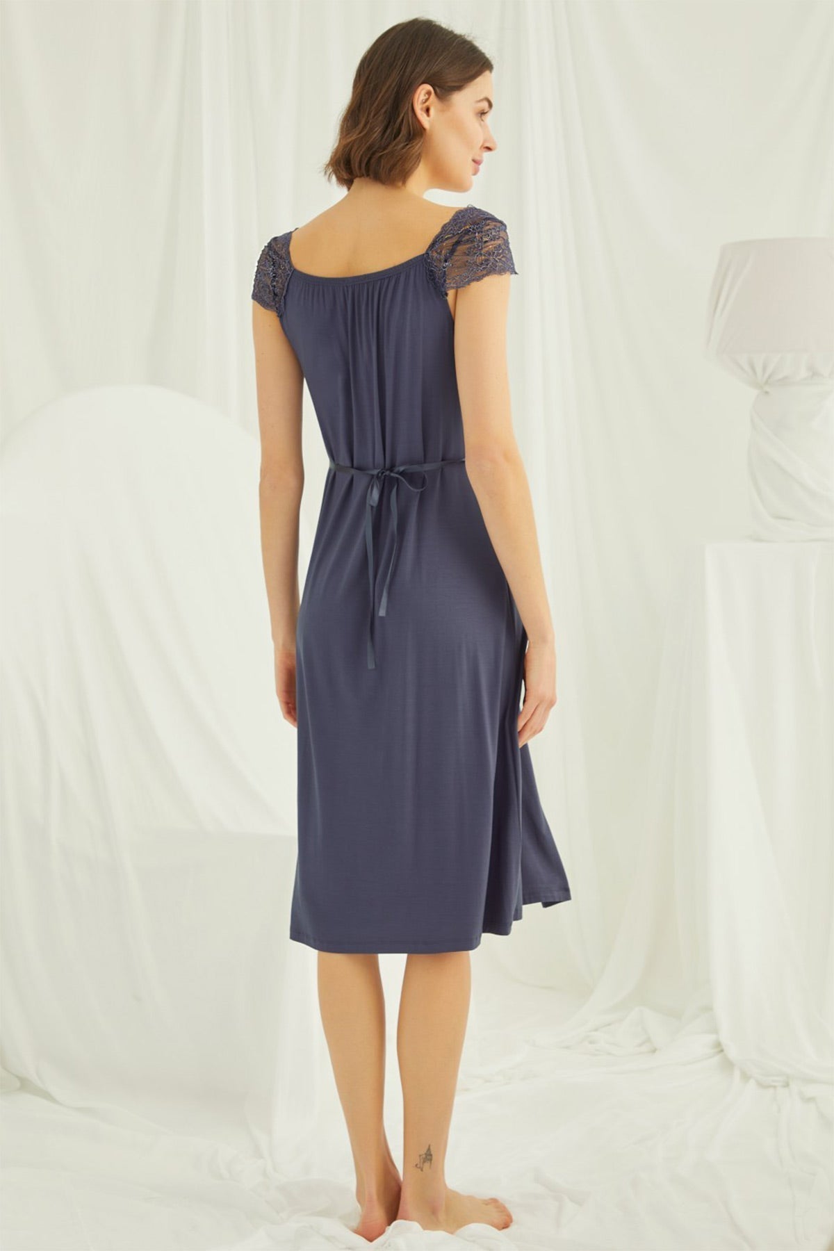Lace Shoulder Maternity Feeding-Friendly Nightgown Navy Blue - E18302