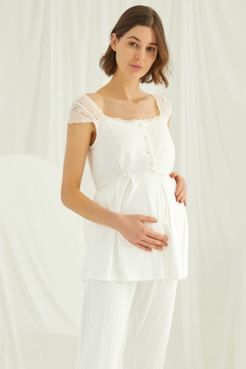 Lace Shoulder Maternity Feeding-Friendly Pajama Set Ecru - E18303