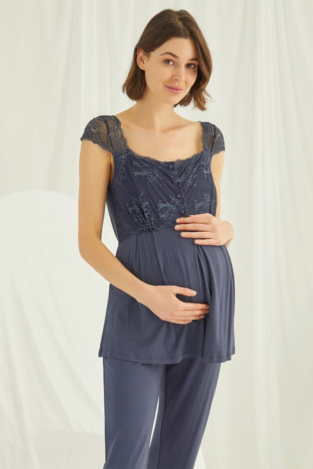 Lace Shoulder 4-Piece Maternity Feeding-Friendly Set Navy Blue - E210305