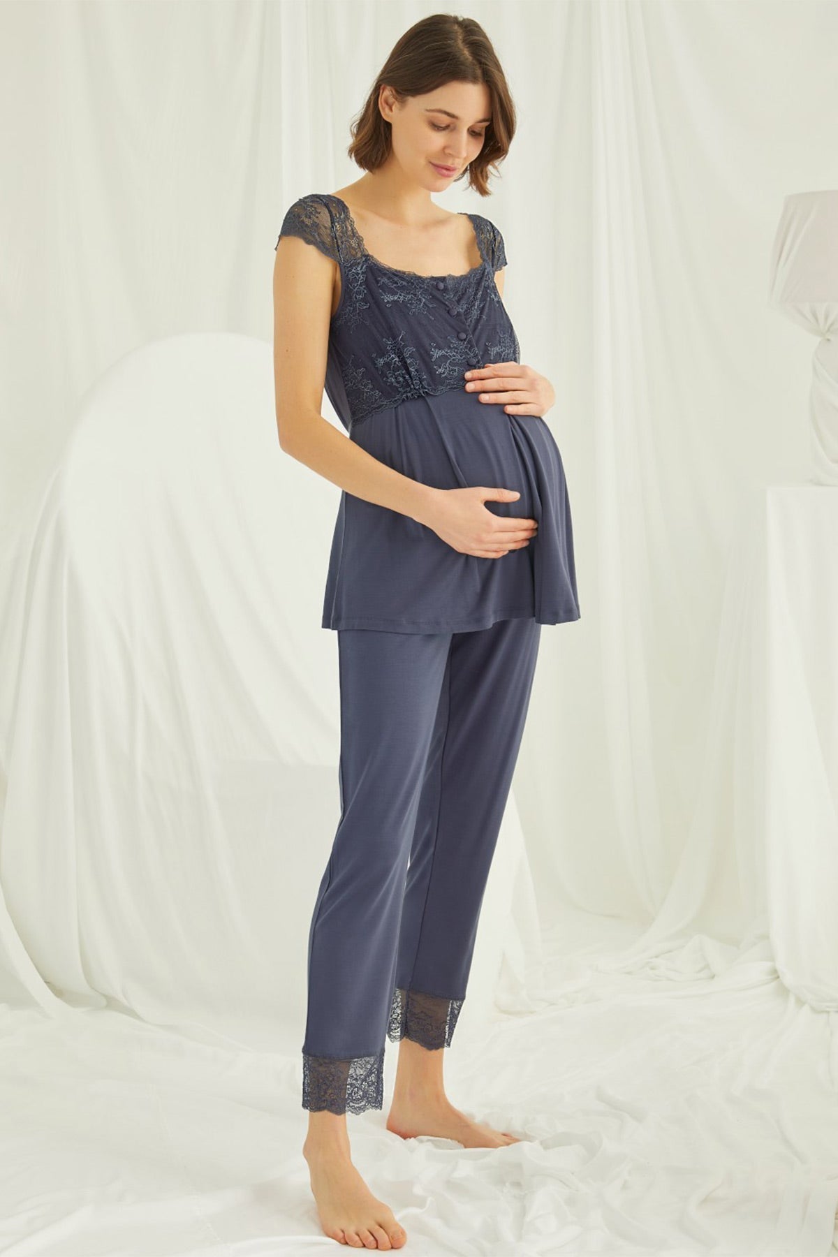 Lace Shoulder 4-Piece Maternity Feeding-Friendly Set Navy Blue - E210305