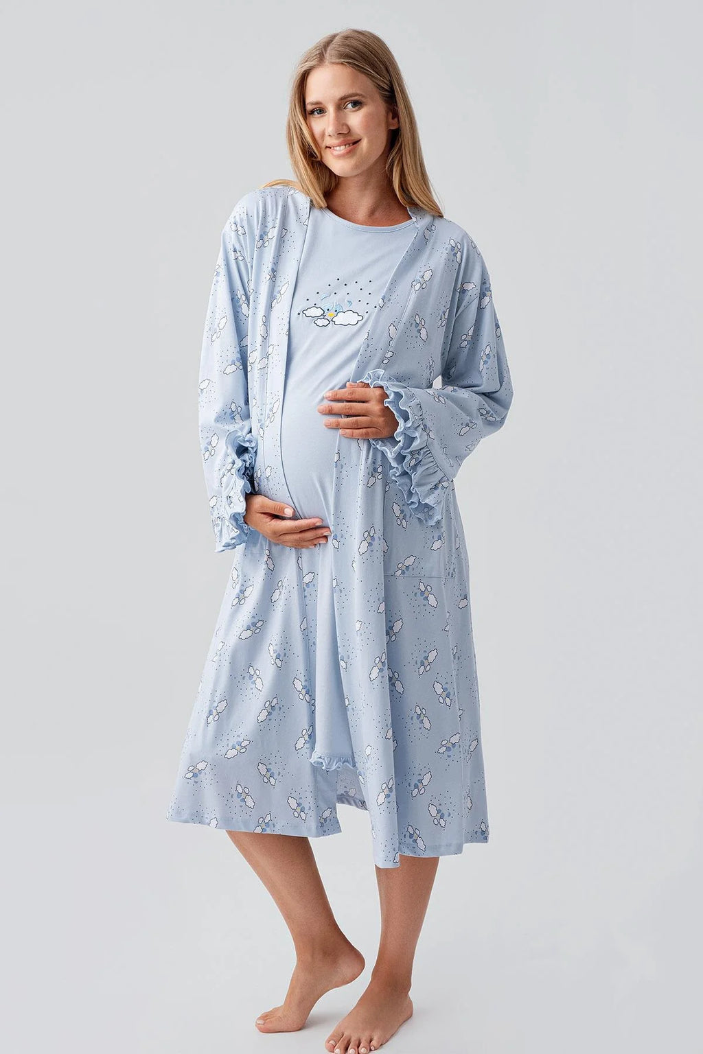 Patterned Pleated Cotton 4-Piece Maternity Feeding-Friendly Set Blue - S184020