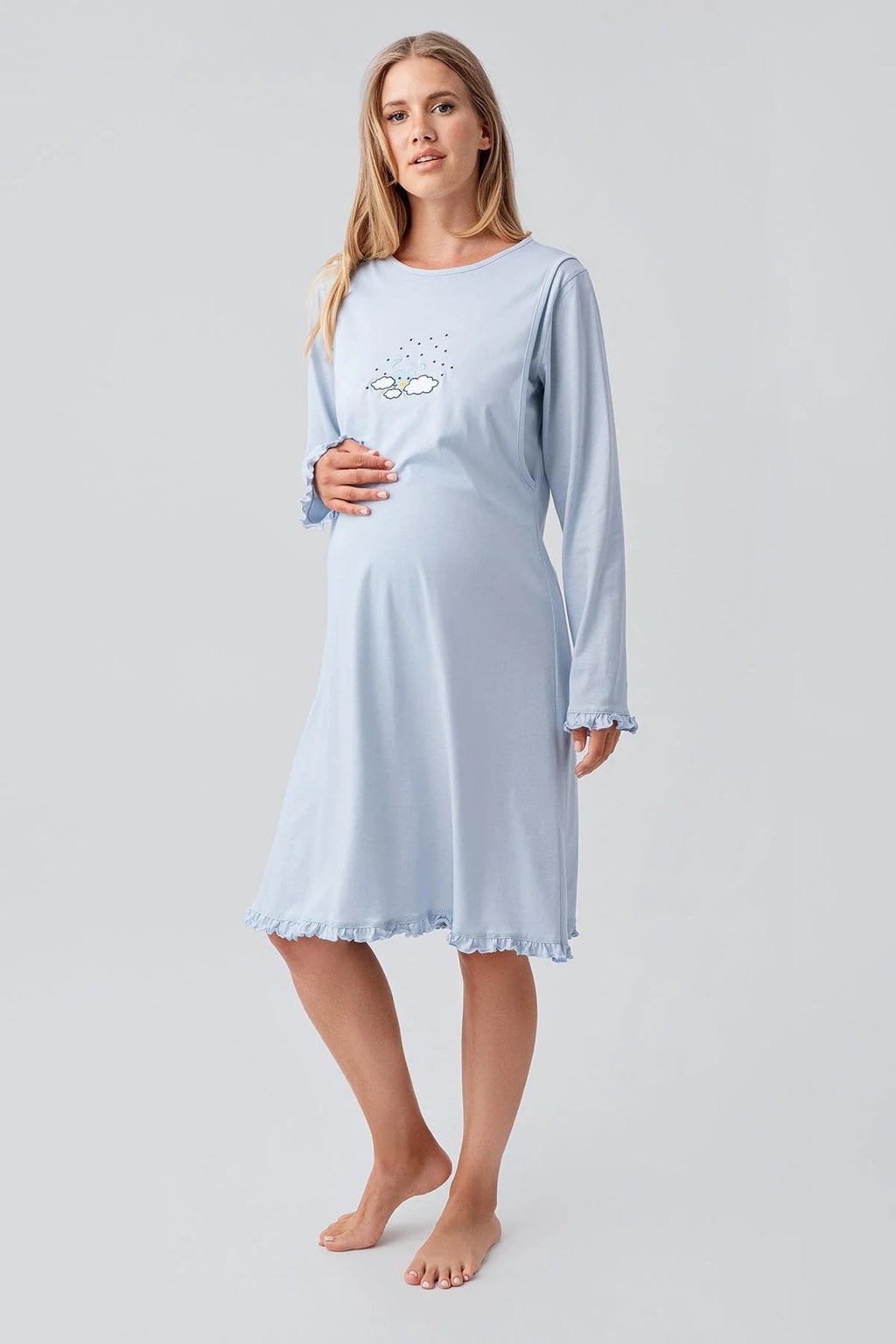 Patterned Pleated Cotton 4-Piece Maternity Feeding-Friendly Set Blue - S184020