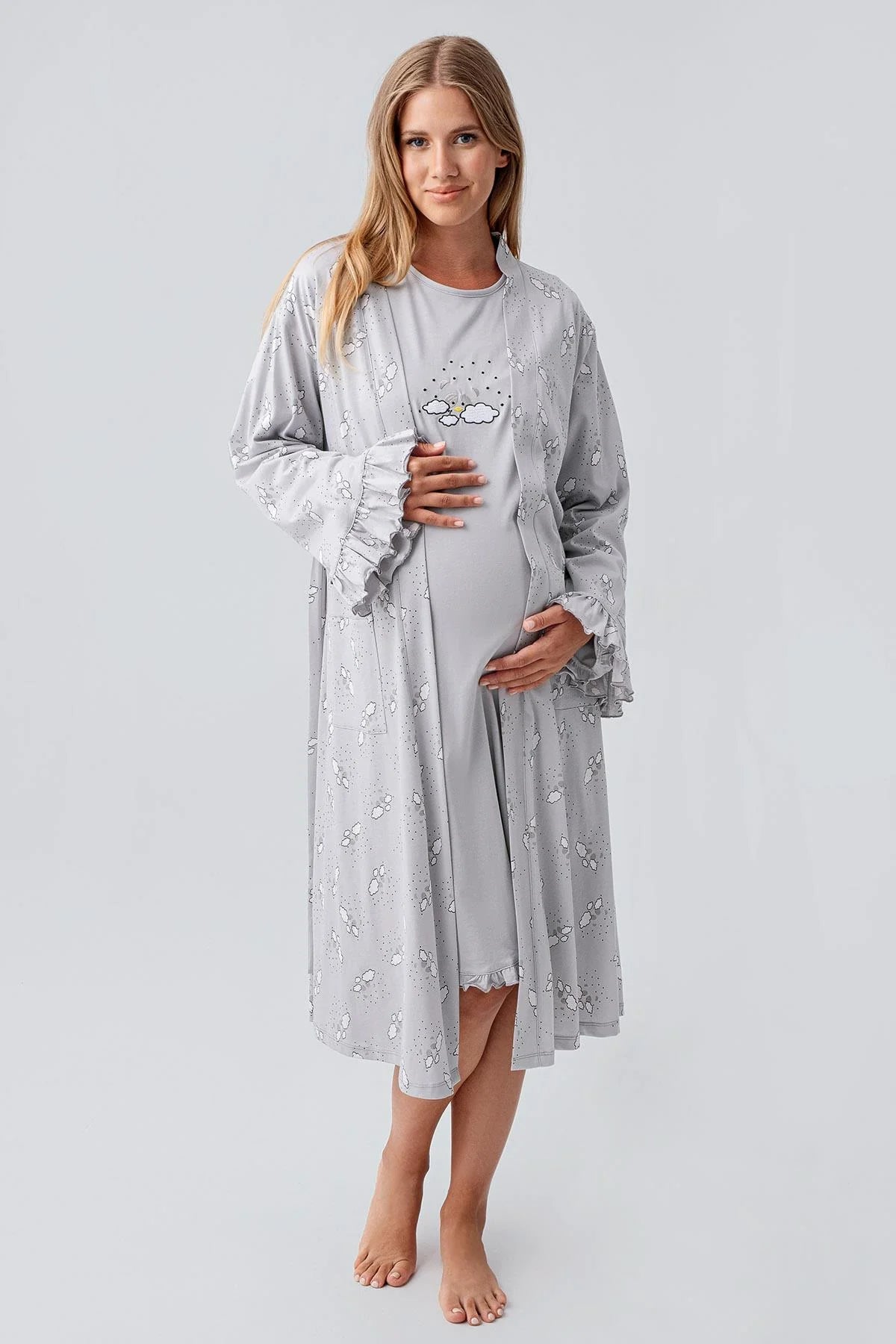Patterned Pleated Cotton 4-Piece Maternity Feeding-Friendly Set Grey - S184020
