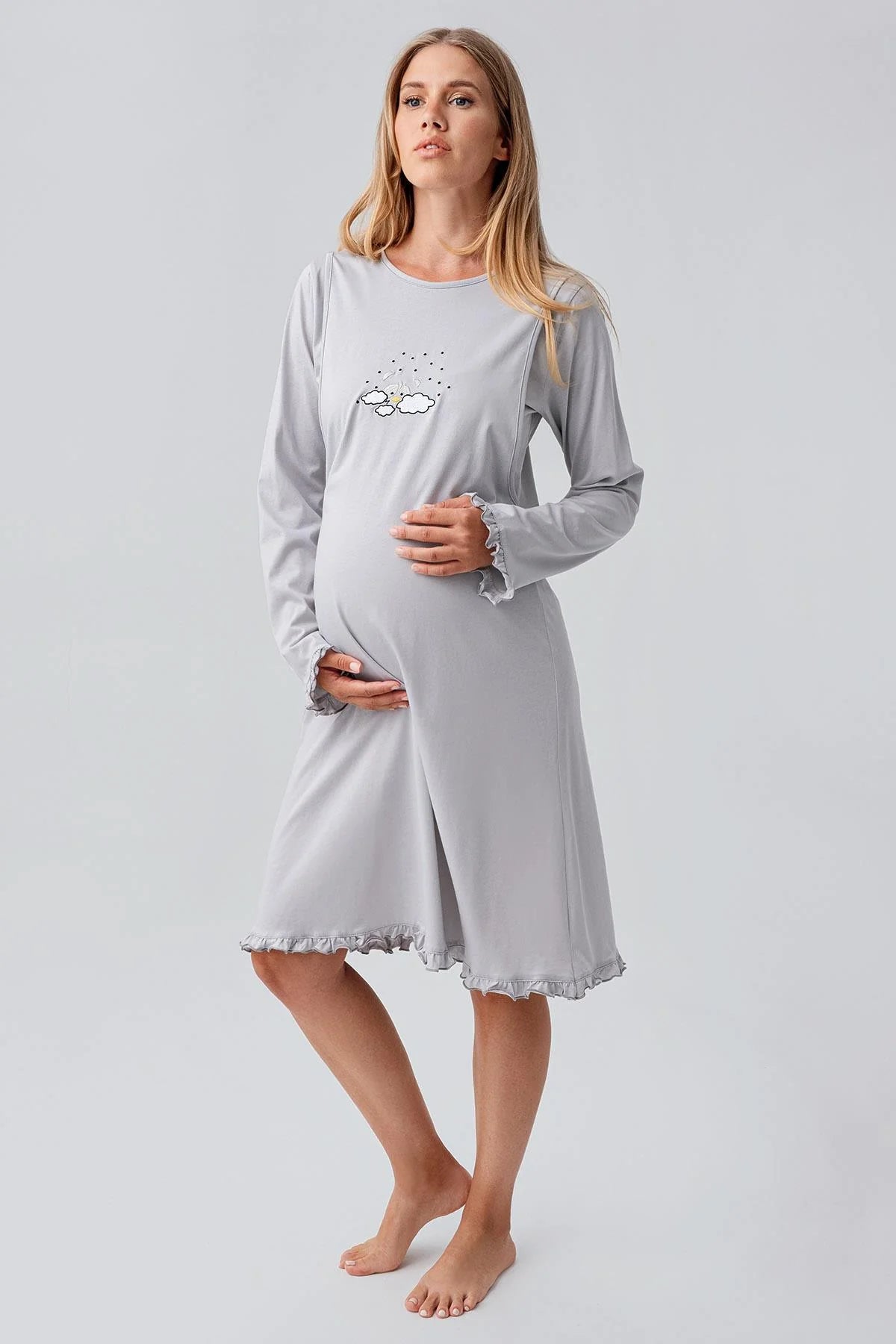 Patterned Pleated Cotton 4-Piece Maternity Feeding-Friendly Set Grey - S184020