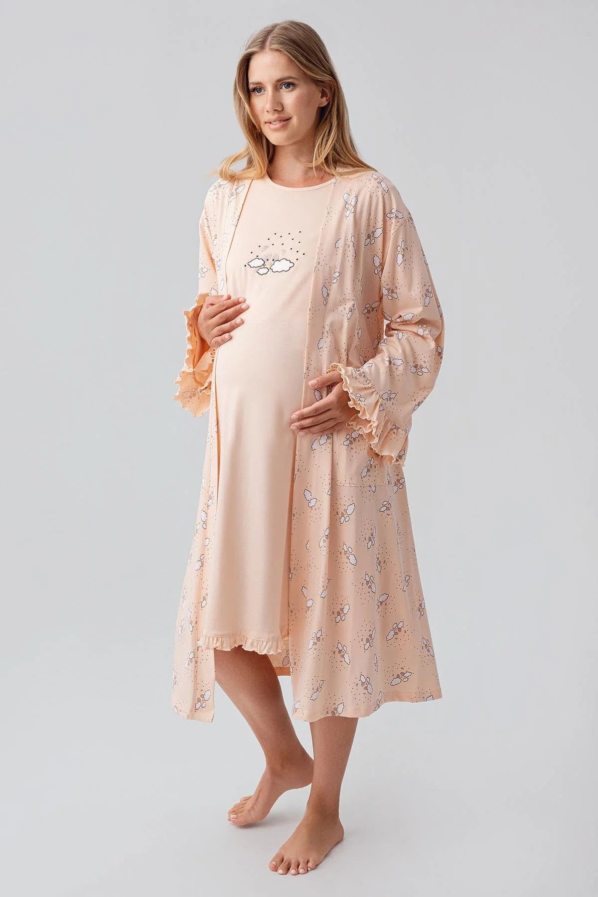 Patterned Pleated Cotton 4-Piece Maternity Feeding-Friendly Set Salmon - S184020