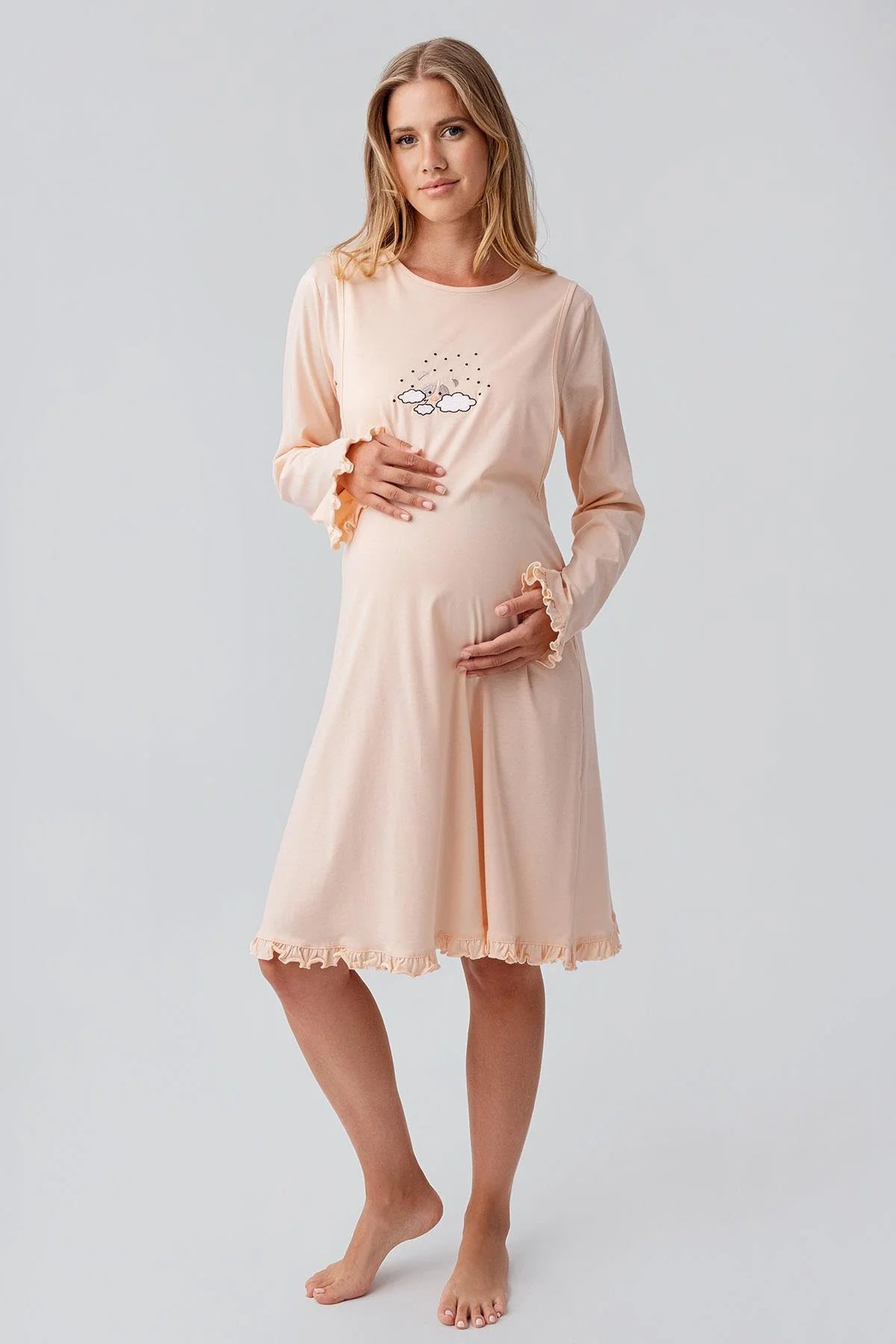 Patterned Pleated Cotton 4-Piece Maternity Feeding-Friendly Set Salmon - S184020