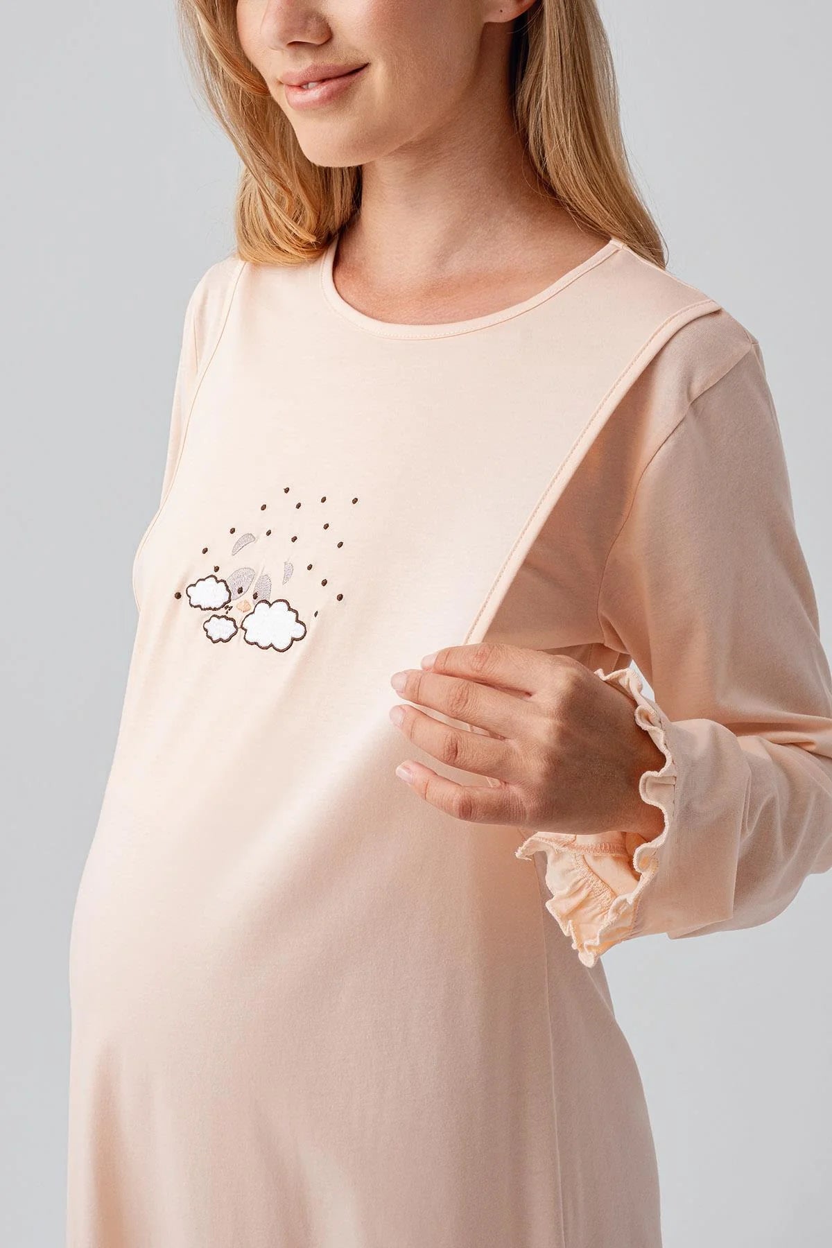 Patterned Pleated Cotton 4-Piece Maternity Feeding-Friendly Set Salmon - S184020