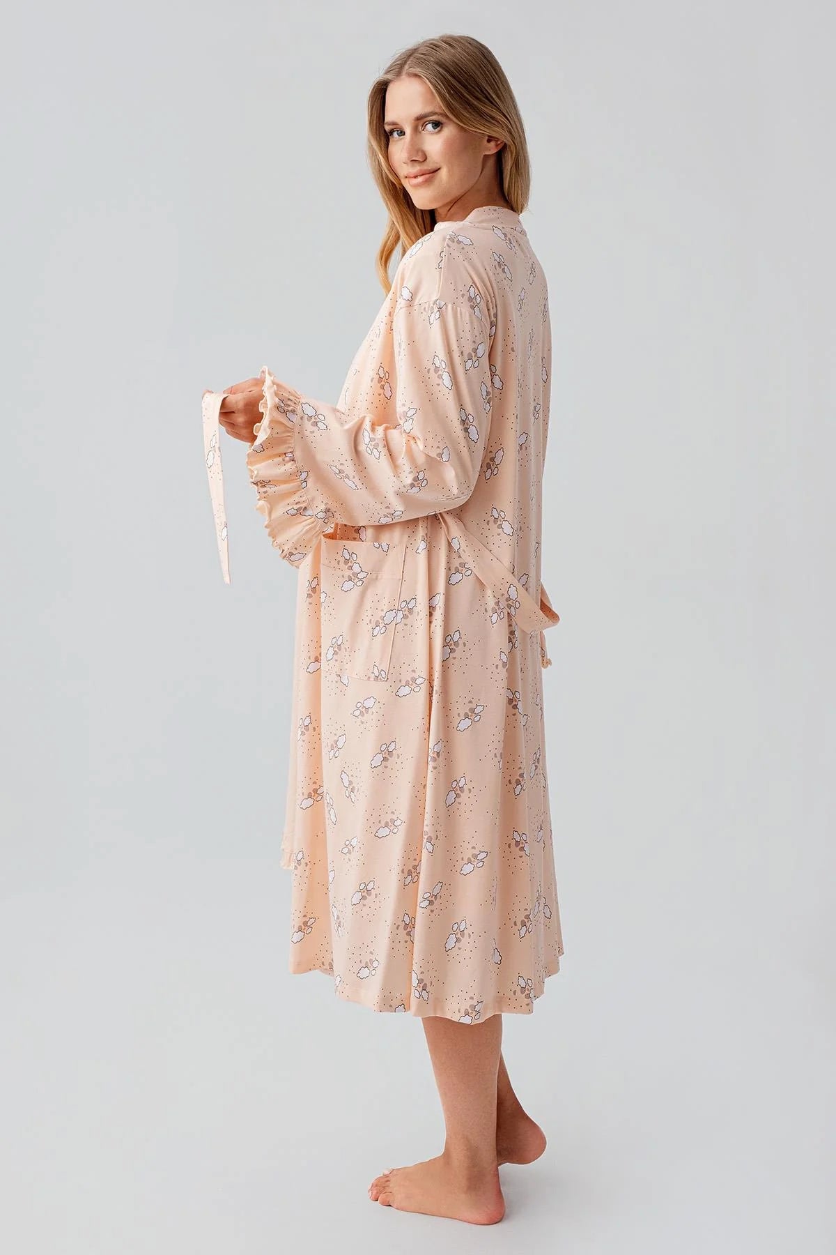 Patterned Pleated Cotton 4-Piece Maternity Feeding-Friendly Set Salmon - S184020