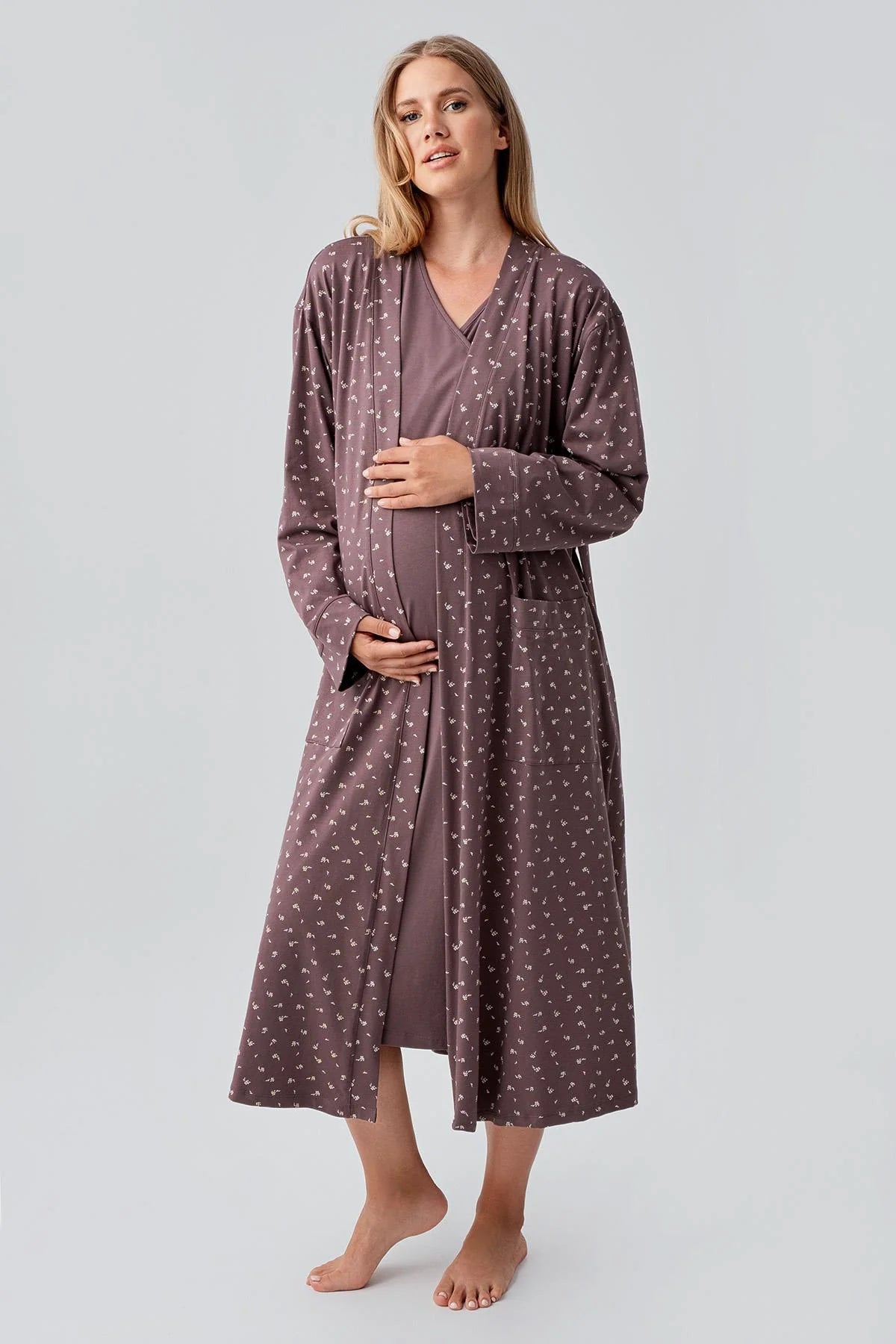 Side Tie Nursing Feature Cotton Maternity Feeding-Friendly Nightgown & Patterned Robe Set Coffee - S18401