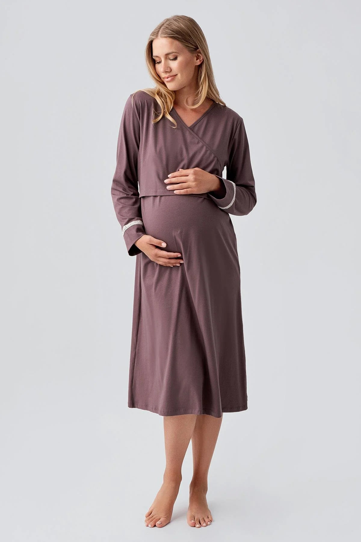 Side Tie Nursing Feature Cotton Maternity Feeding-Friendly Nightgown & Patterned Robe Set Coffee - S18401