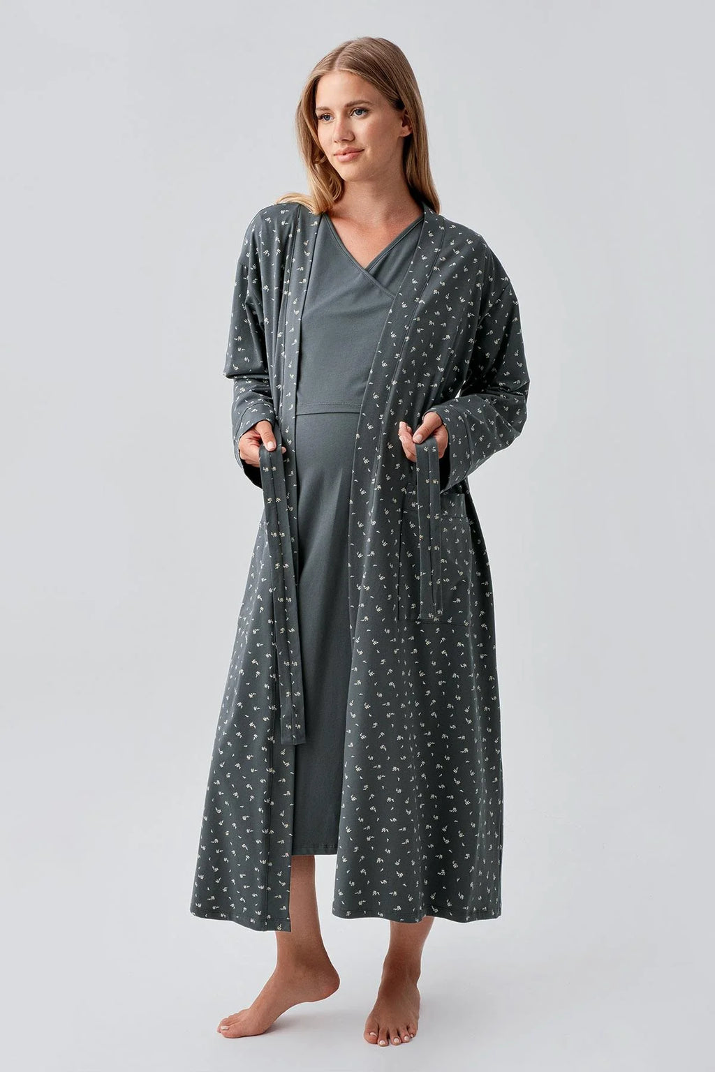 Side Tie Nursing Feature Cotton 4-Piece Maternity Feeding-Friendly Set Green - S180101