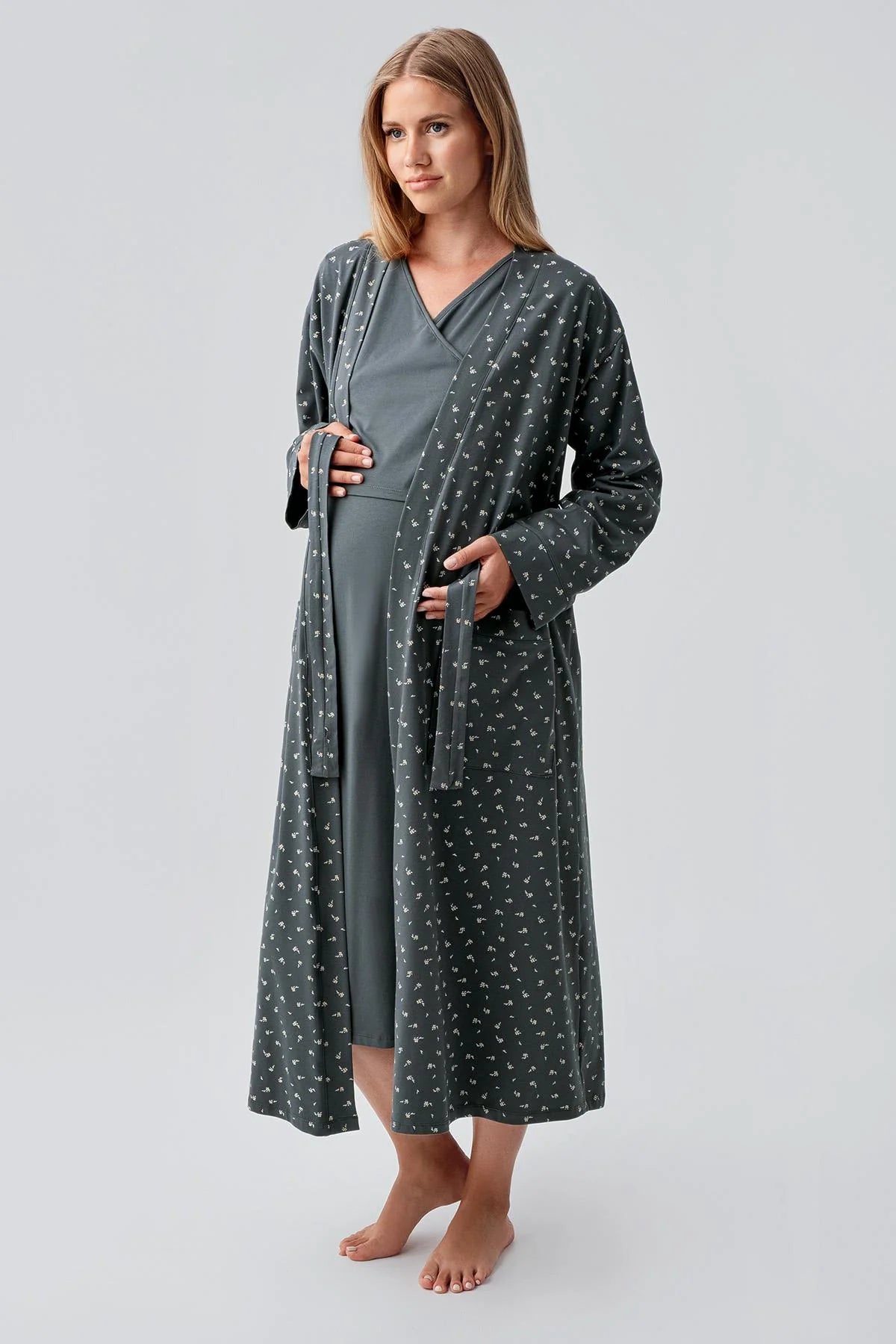 Side Tie Nursing Feature Cotton Maternity Feeding-Friendly Nightgown & Patterned Robe Set Green - S18401