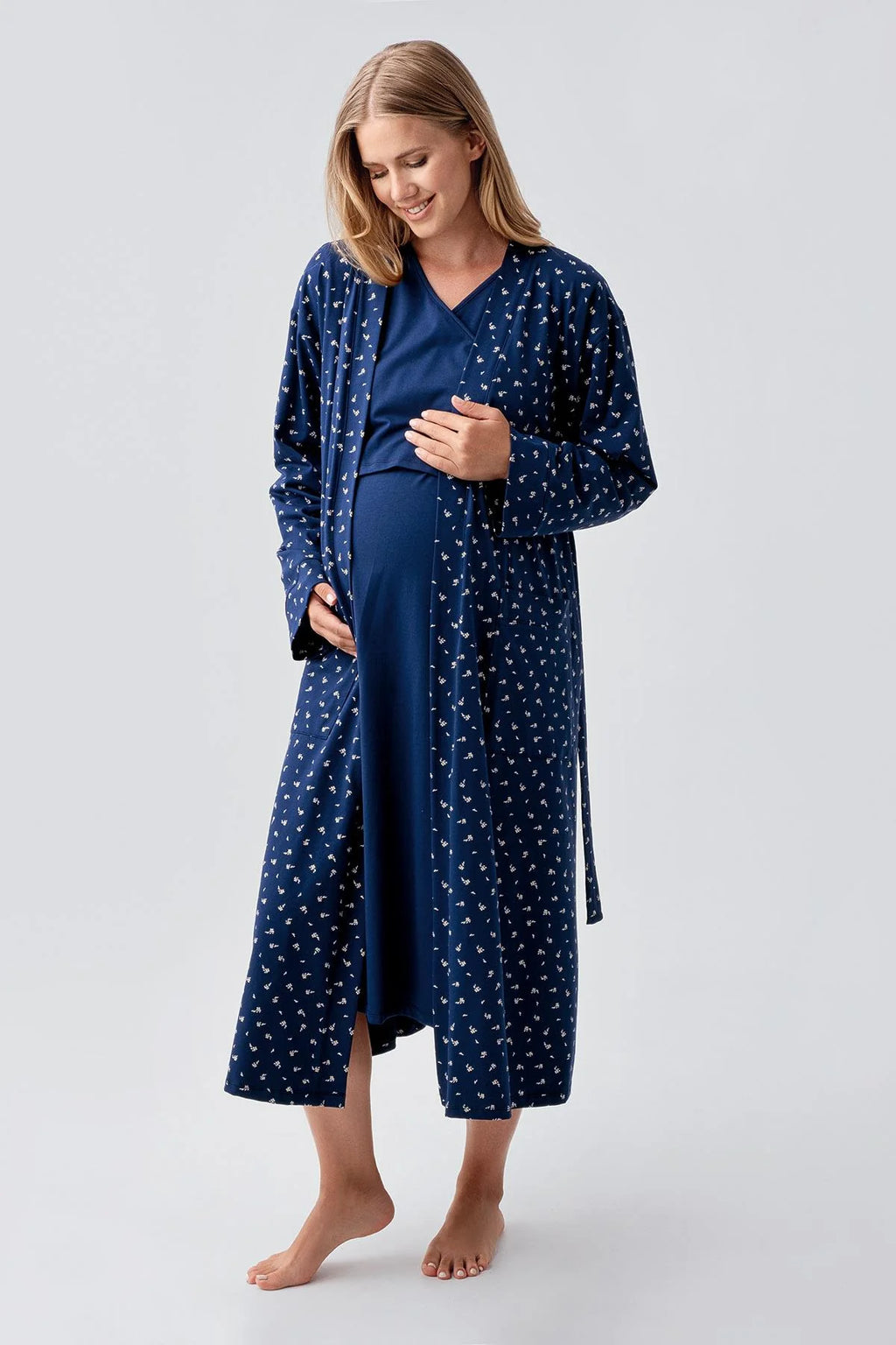Side Tie Nursing Feature Cotton 4-Piece Maternity Feeding-Friendly Set Navy Blue - S180101