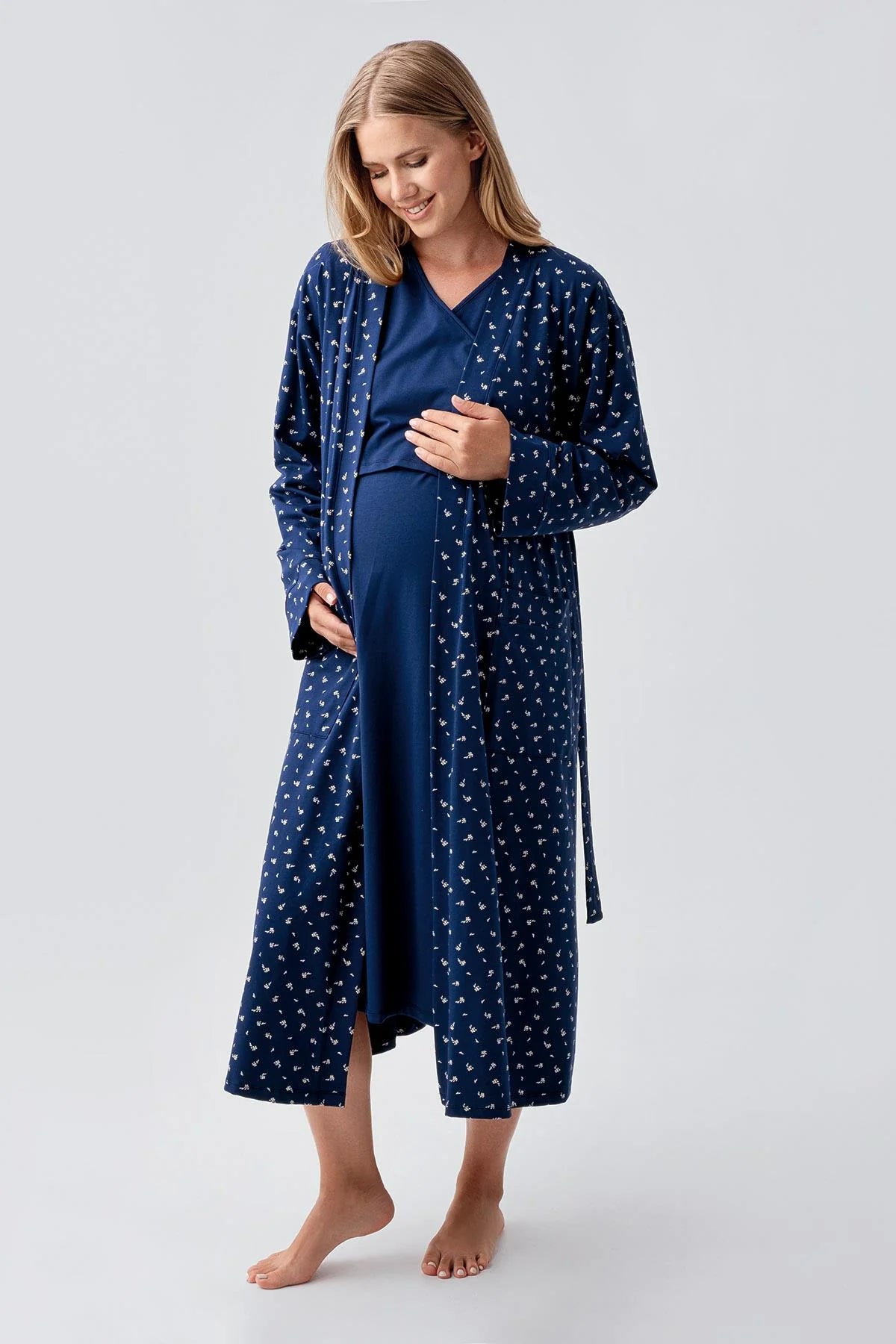 Side Tie Nursing Feature Cotton 4-Piece Maternity Feeding-Friendly Set Navy Blue - S180101
