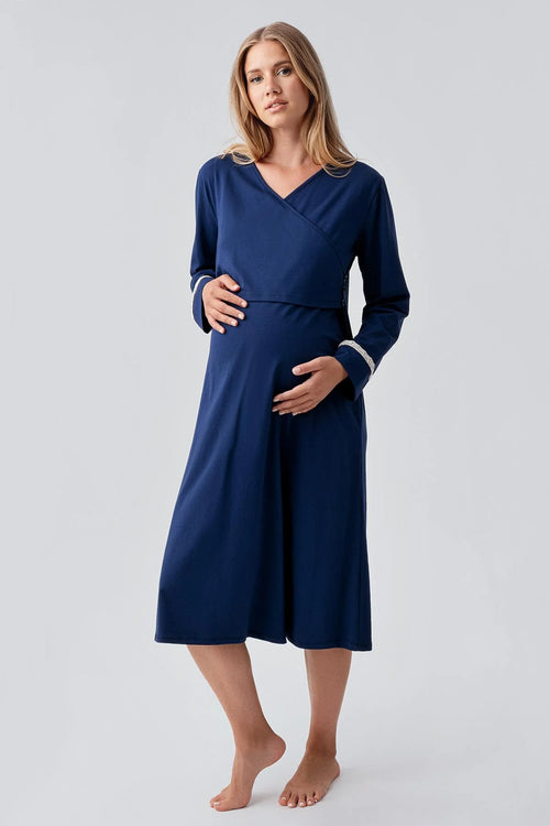 Side Tie Nursing Feature Cotton 4-Piece Maternity Feeding-Friendly Set Navy Blue - S180101