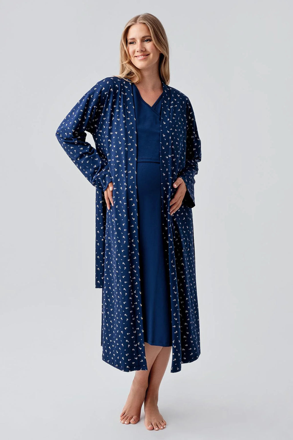 Side Tie Nursing Feature Cotton Maternity Feeding-Friendly Nightgown & Patterned Robe Set Navy Blue - S18401