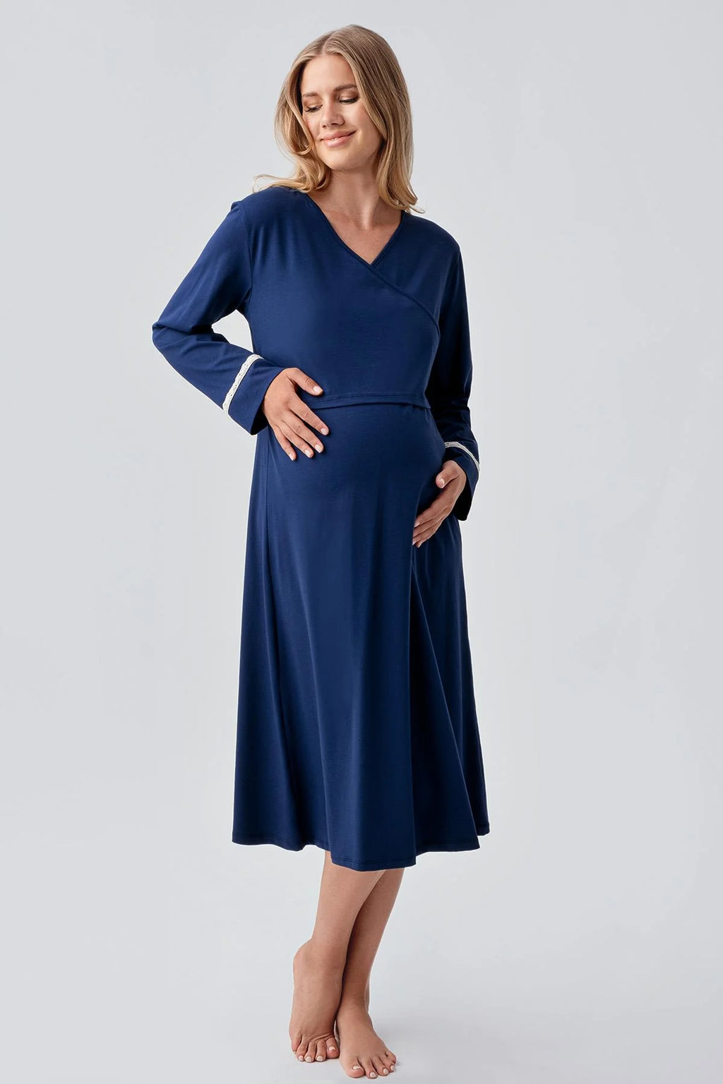 Side Tie Nursing Feature Cotton Maternity Feeding-Friendly Nightgown & Patterned Robe Set Navy Blue - S18401