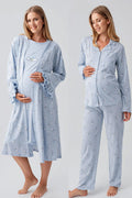 Patterned Pleated Cotton 4-Piece Maternity Feeding-Friendly Set Blue - S184020