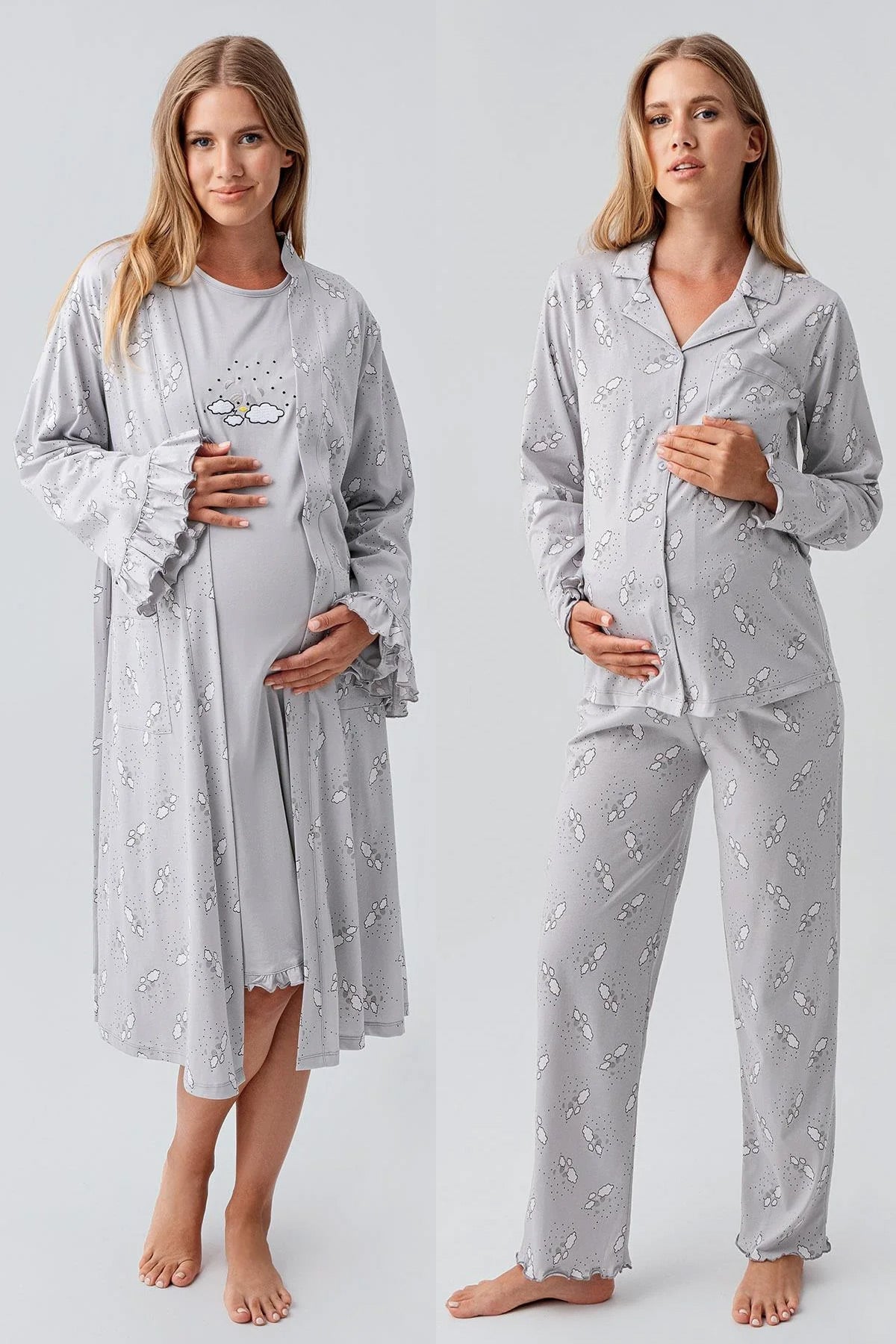 Patterned Pleated Cotton 4-Piece Maternity Feeding-Friendly Set Grey - S184020