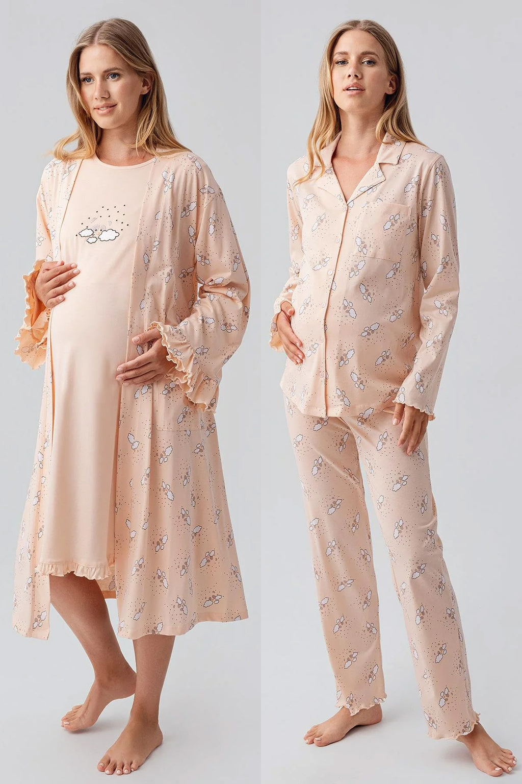 Patterned Pleated Cotton 4-Piece Maternity Feeding-Friendly Set Salmon - S184020