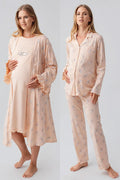 Patterned Pleated Cotton 4-Piece Maternity Feeding-Friendly Set Salmon - S184020