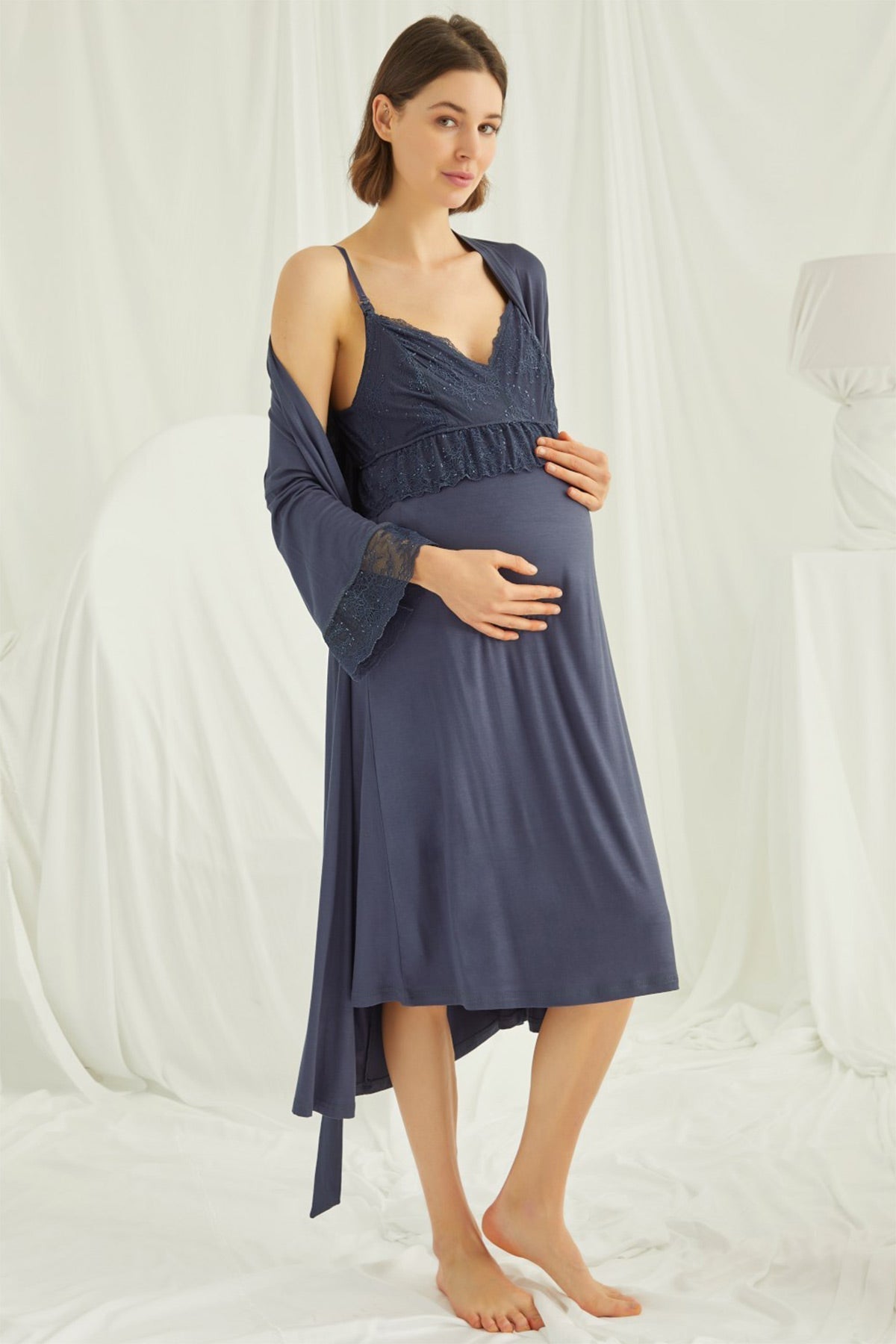 Lace Strappy Maternity Feeding-Friendly Nightgown & Robe Set Navy Blue - E18428
