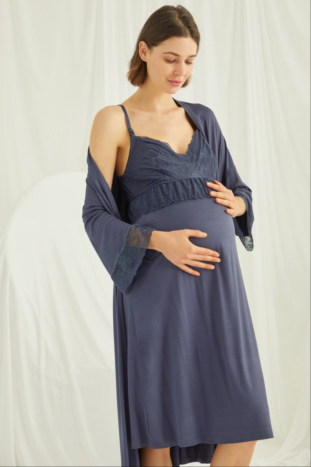 Lace Strappy Maternity Feeding-Friendly Nightgown & Robe Set Navy Blue - E18428