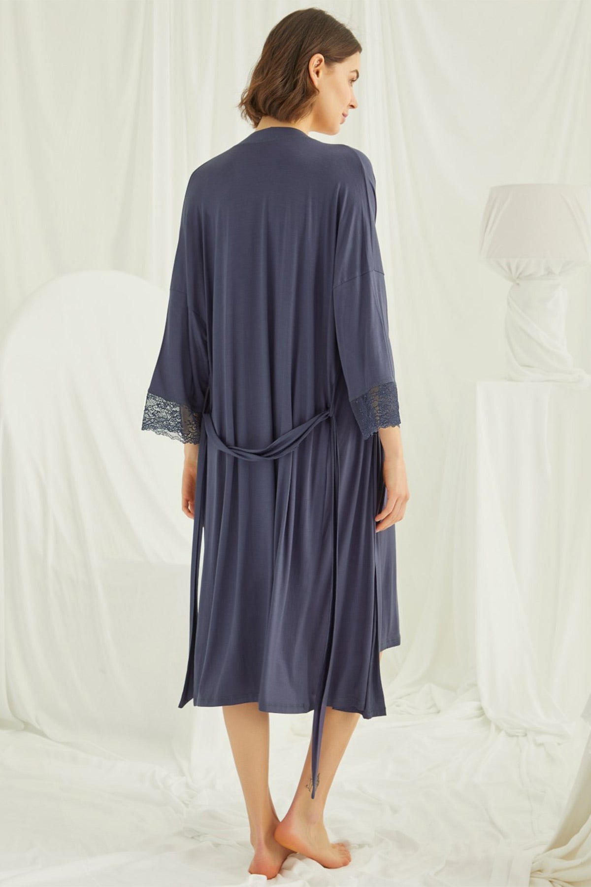 Lace Strappy Maternity Feeding-Friendly Nightgown & Robe Set Navy Blue - E18428