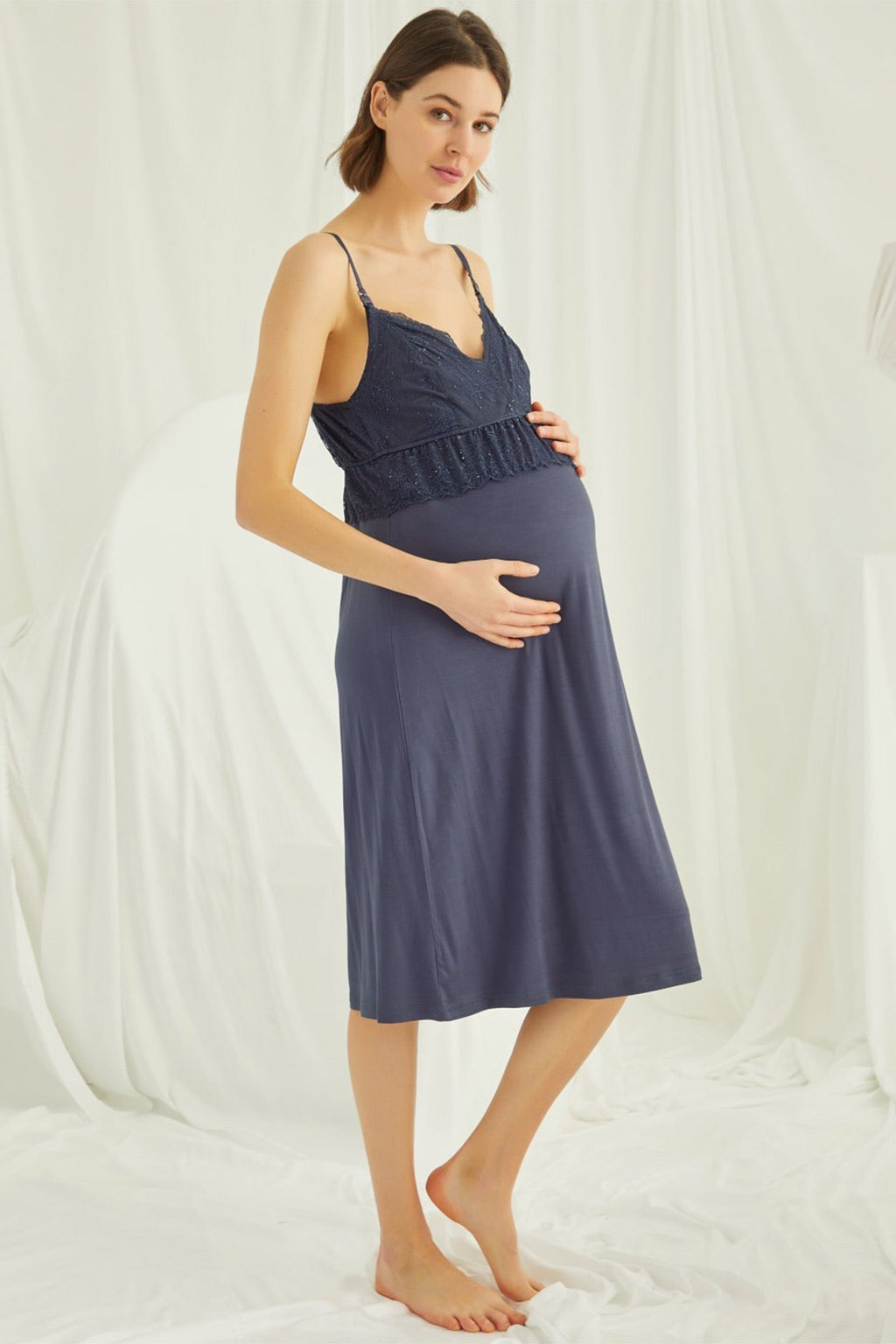 Lace Strappy Maternity Feeding-Friendly Nightgown & Robe Set Navy Blue - E18428
