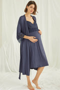 Lace Strappy Maternity Feeding-Friendly Nightgown & Robe Set Navy Blue - E18428