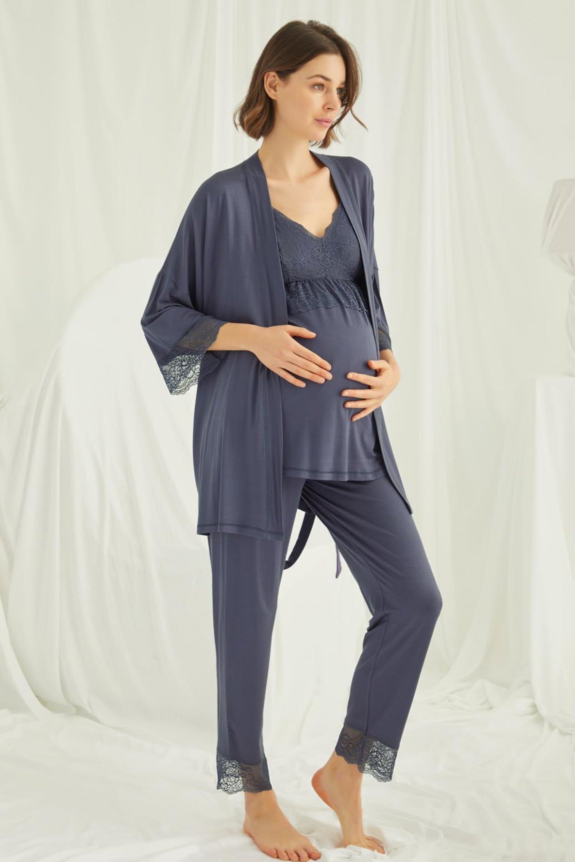 Lace Strappy 3-Piece Maternity Feeding-Friendly Pajama & Robe Set Navy Blue - E18432