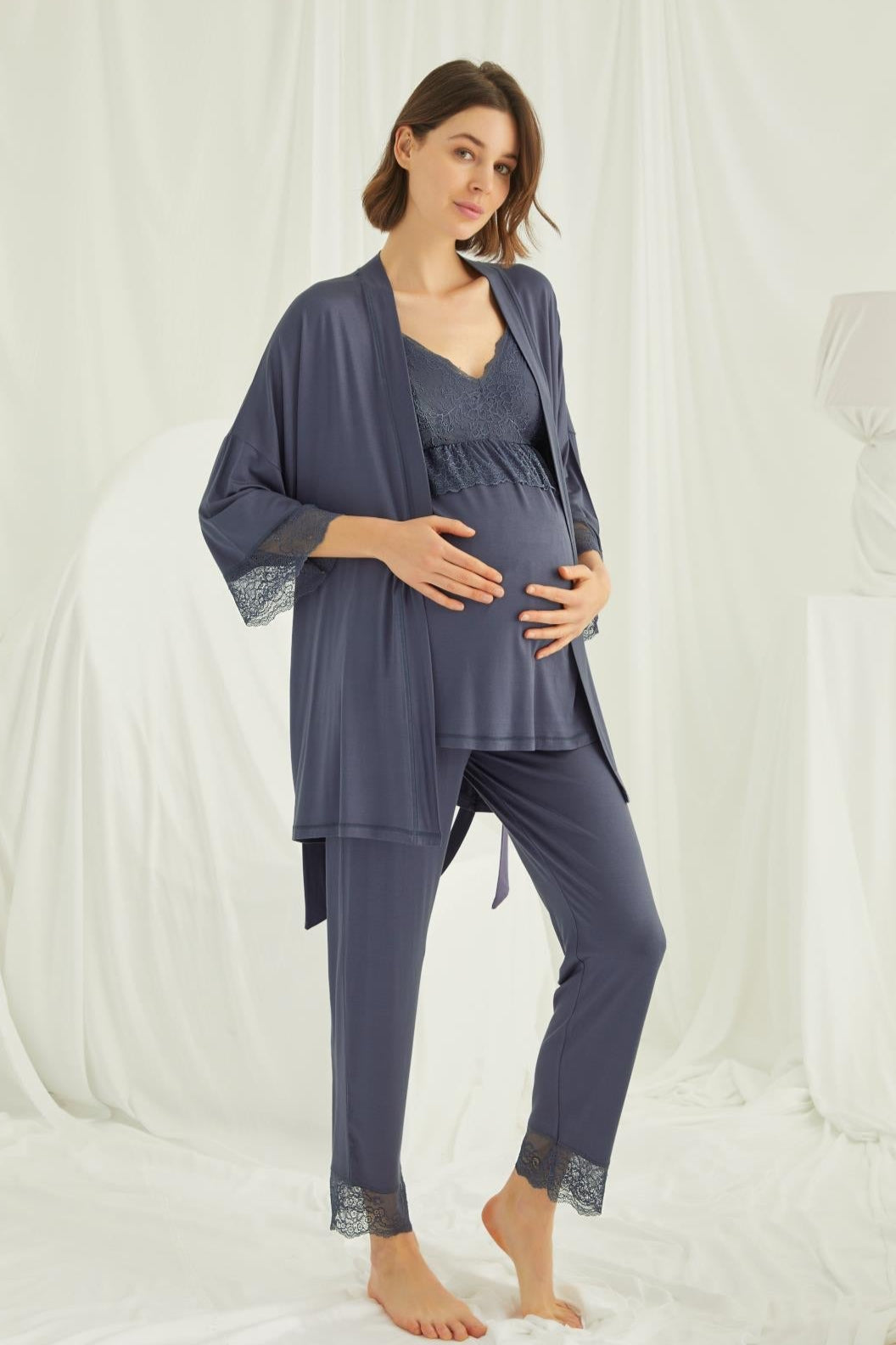 Lace Strappy 3-Piece Maternity Feeding-Friendly Pajama & Robe Set Navy Blue - E18432