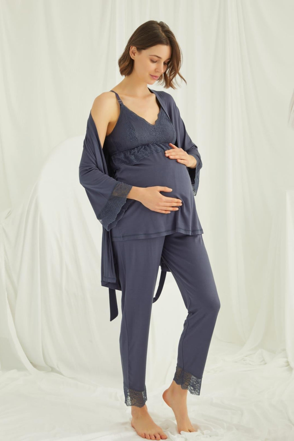 Lace Strappy 3-Piece Maternity Feeding-Friendly Pajama & Robe Set Navy Blue - E18432