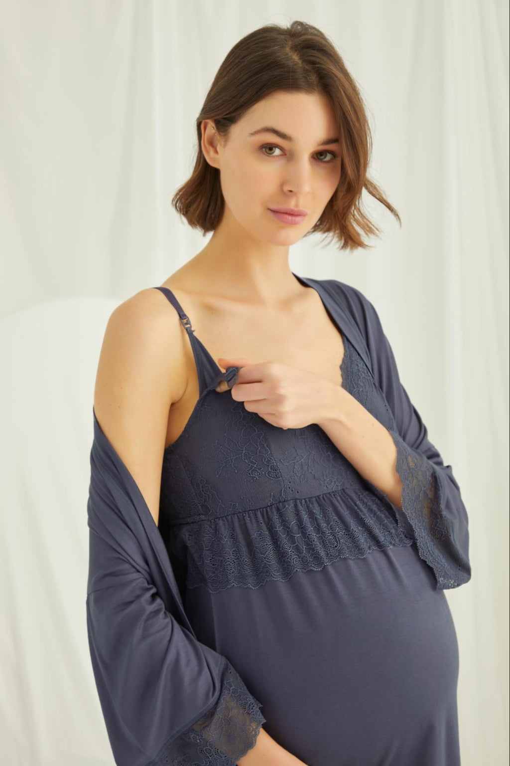 Lace Strappy 3-Piece Maternity Feeding-Friendly Pajama & Robe Set Navy Blue - E18432