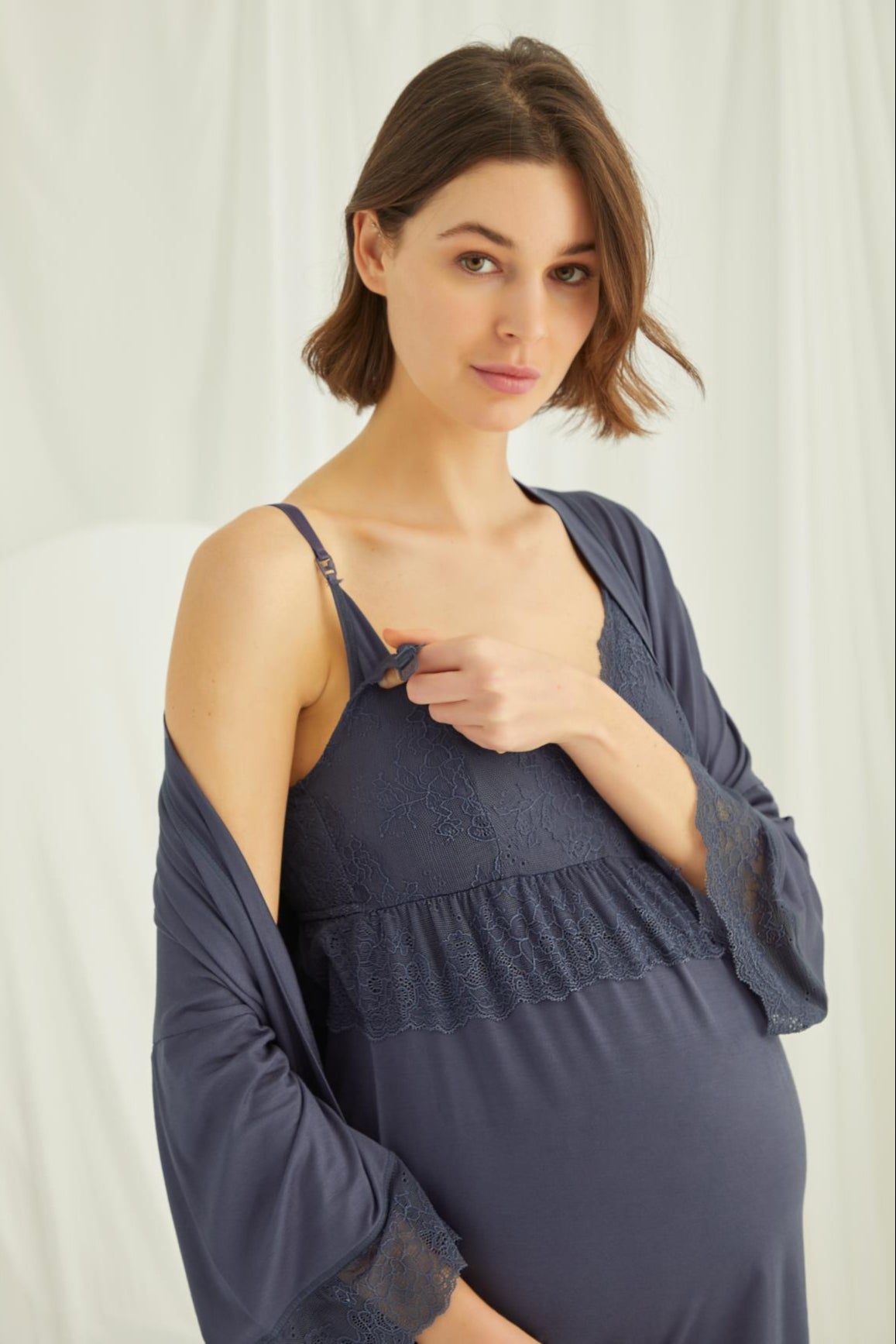 Lace Strappy 3-Piece Maternity Feeding-Friendly Pajama & Robe Set Navy Blue - E18432