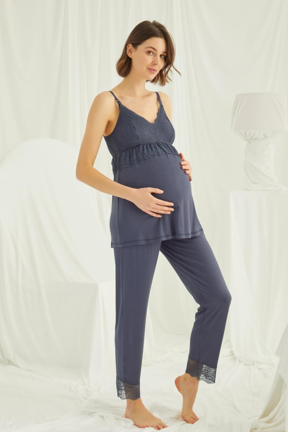 Lace Strappy 3-Piece Maternity Feeding-Friendly Pajama & Robe Set Navy Blue - E18432