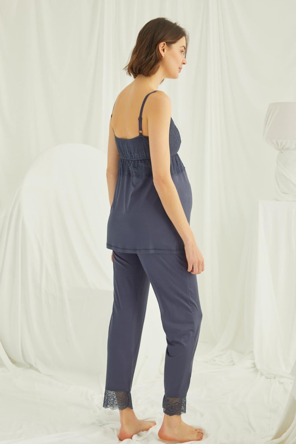 Lace Strappy 3-Piece Maternity Feeding-Friendly Pajama & Robe Set Navy Blue - E18432
