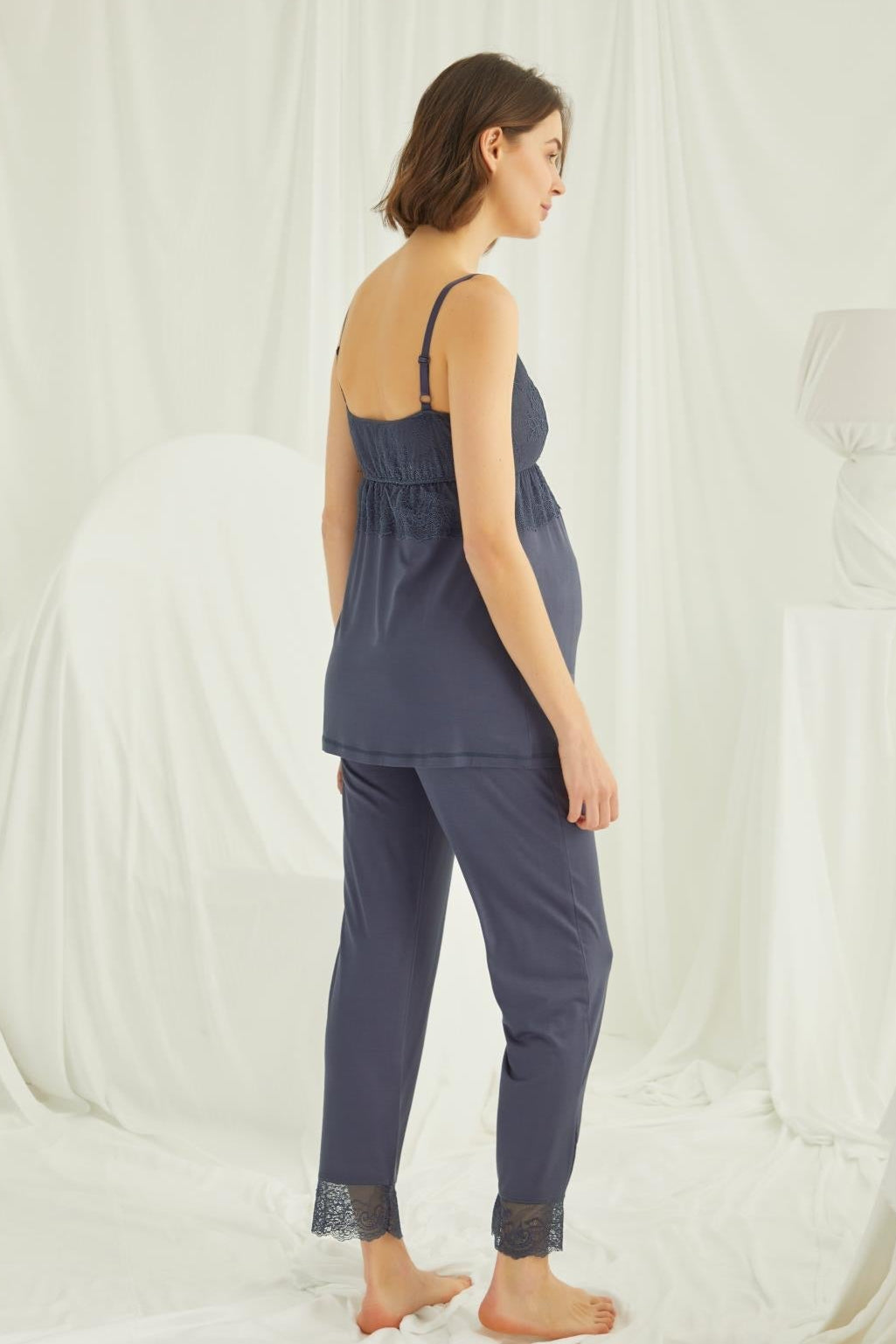 Lace Strappy 3-Piece Maternity Feeding-Friendly Pajama & Robe Set Navy Blue - E18432