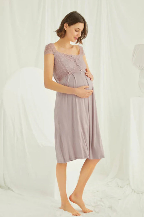 Lace Shoulder 4-Piece Maternity Feeding-Friendly Set Mink - E438440