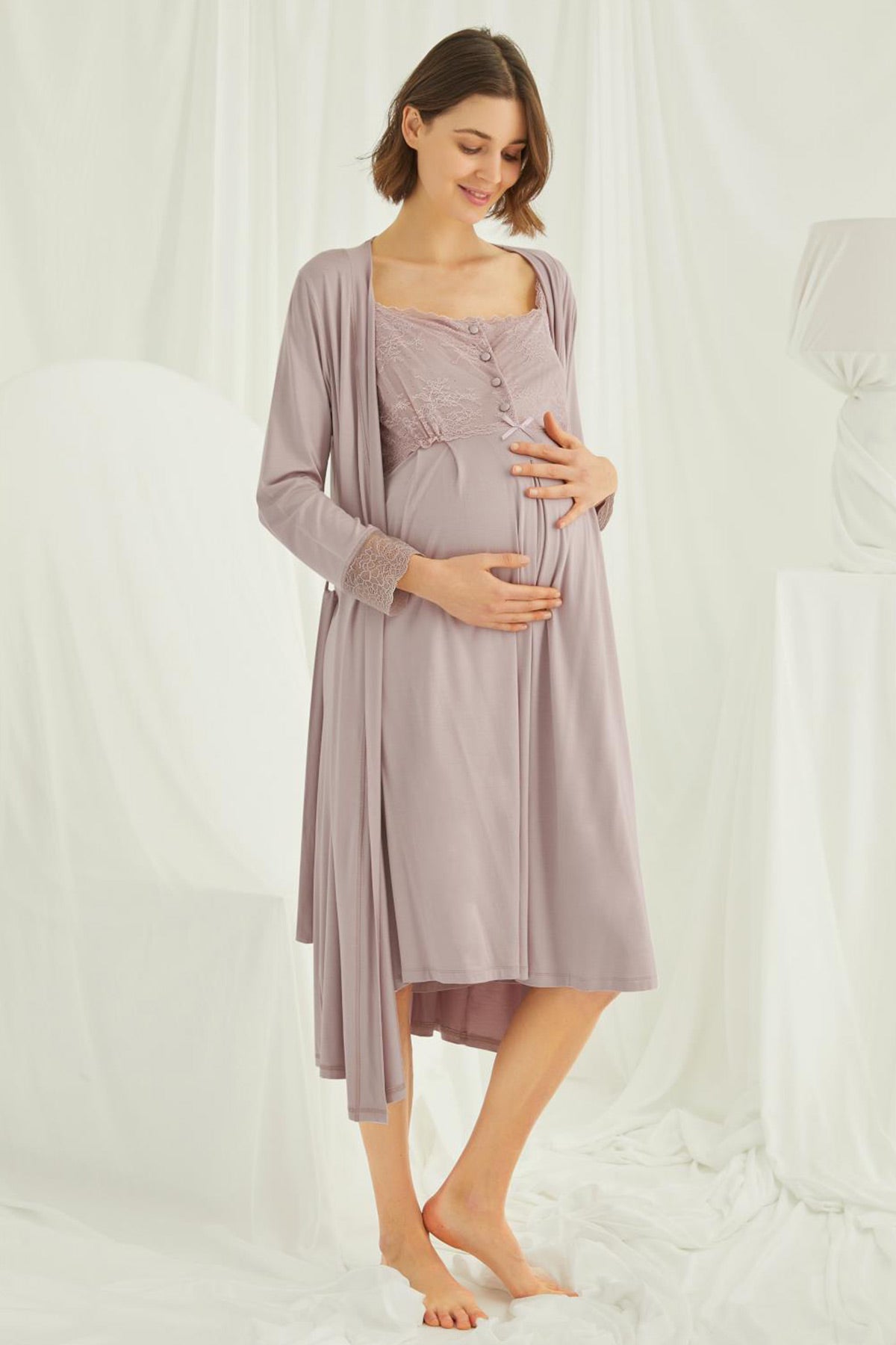 Lace Shoulder Maternity Feeding-Friendly Nightgown & Robe Set Mink - E18438