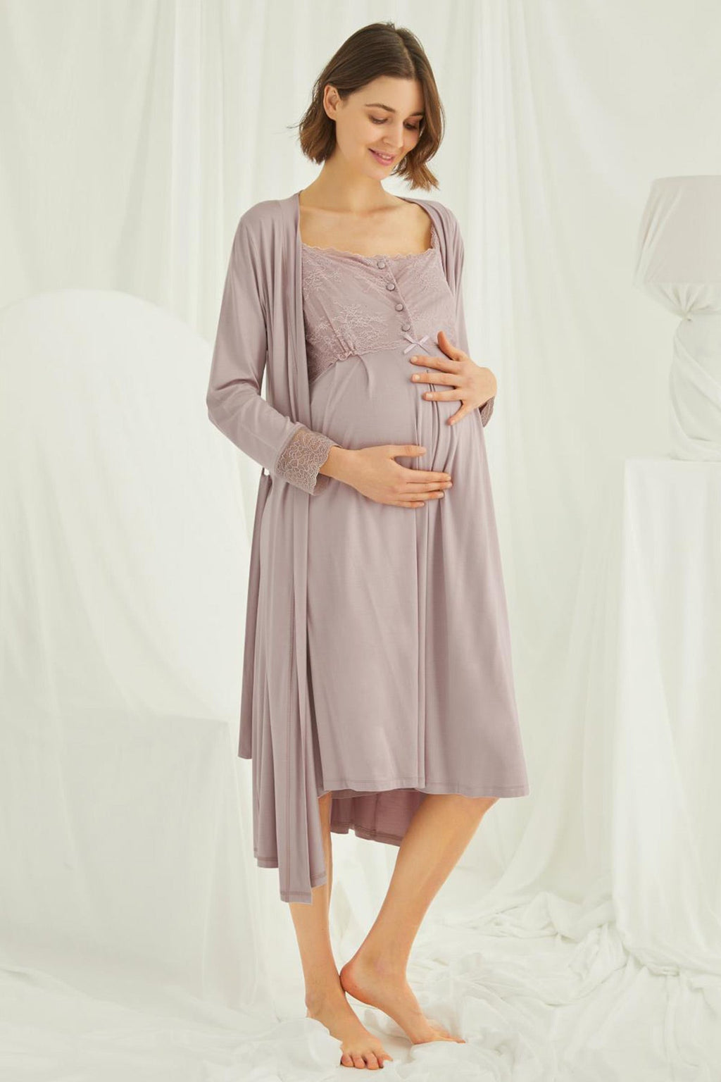 Lace Shoulder 4-Piece Maternity Feeding-Friendly Set Mink - E438440