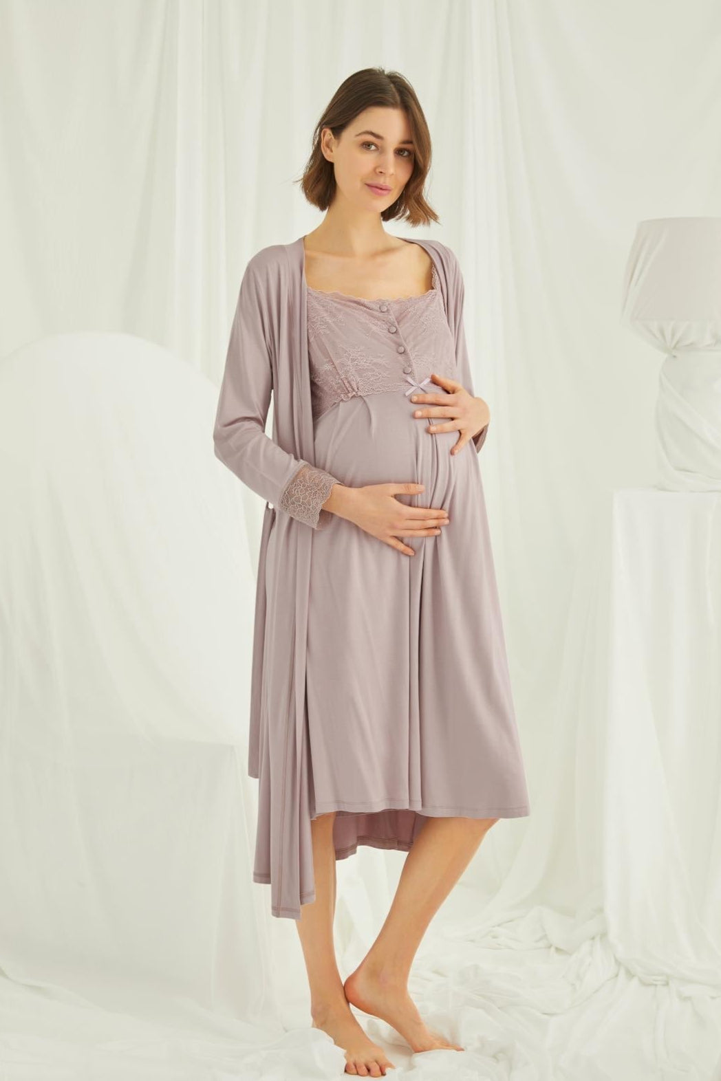 Lace Shoulder Maternity Feeding-Friendly Nightgown & Robe Set Mink - E18438