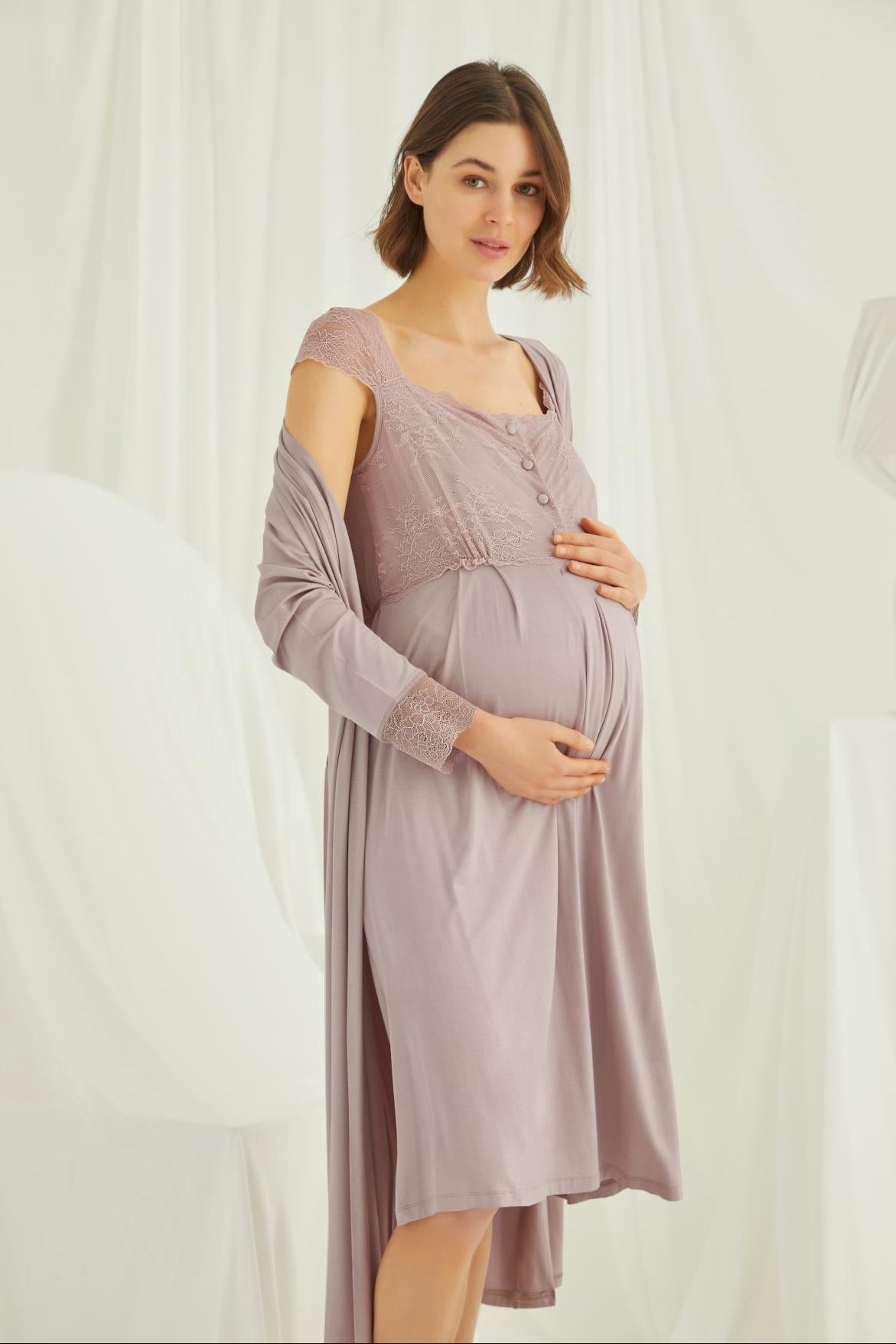 Lace Shoulder Maternity Feeding-Friendly Nightgown & Robe Set Mink - E18438