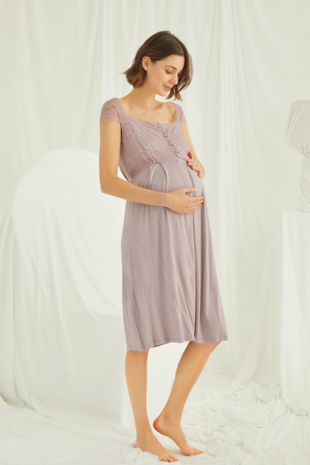 Lace Shoulder Maternity Feeding-Friendly Nightgown & Robe Set Mink - E18438