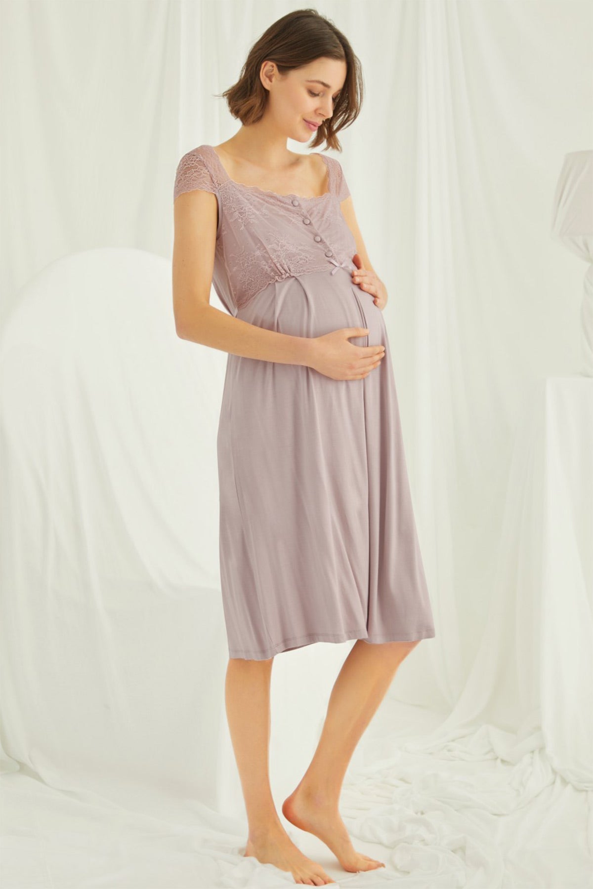 Lace Shoulder Maternity Feeding-Friendly Nightgown Mink - E18439