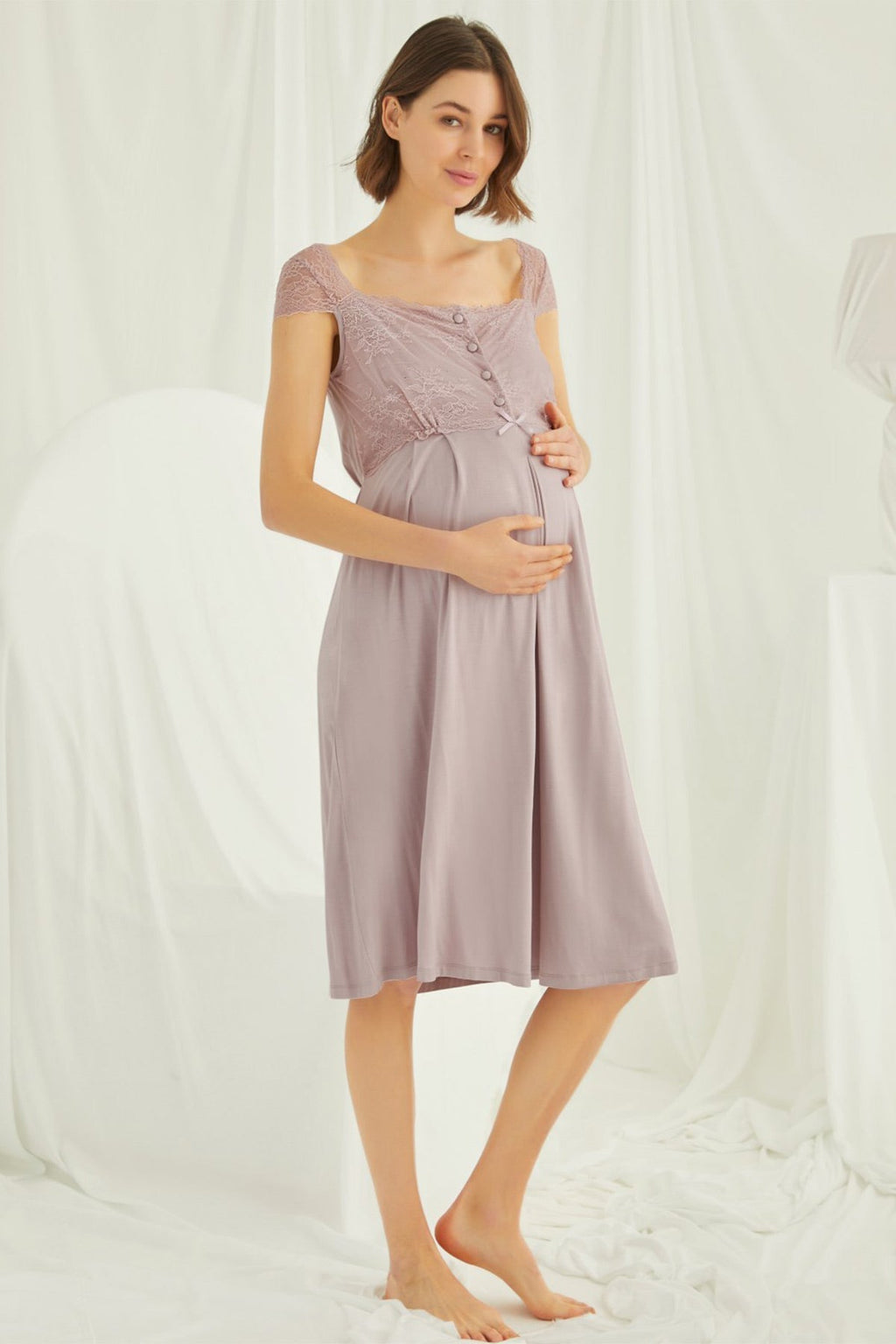 Lace Shoulder Maternity Feeding-Friendly Nightgown Mink - E18439