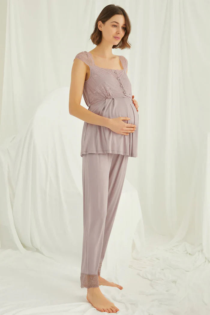 Lace Shoulder 4-Piece Maternity Feeding-Friendly Set Mink - E438440