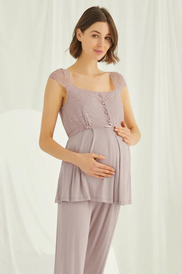 Lace Shoulder 4-Piece Maternity Feeding-Friendly Set Mink - E438440