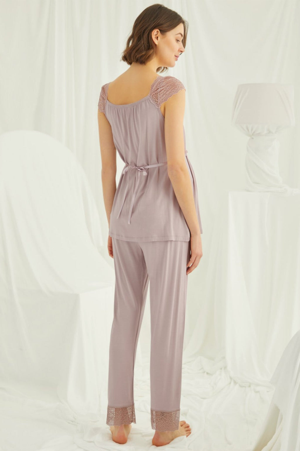 Lace Shoulder Maternity Feeding-Friendly Pajama Set Mink - E18440