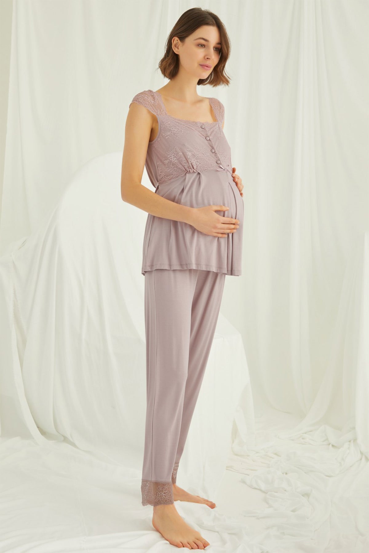 Lace Shoulder Maternity Feeding-Friendly Pajama Set Mink - E18440